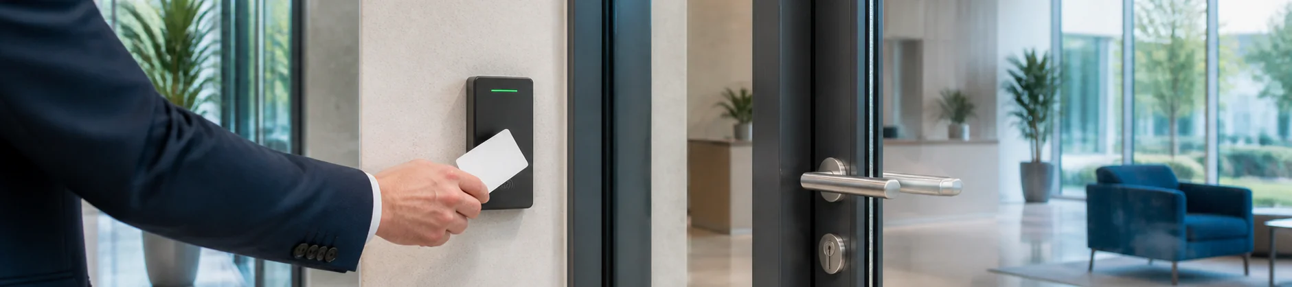 Employee presenting an access card to a commercial door reader