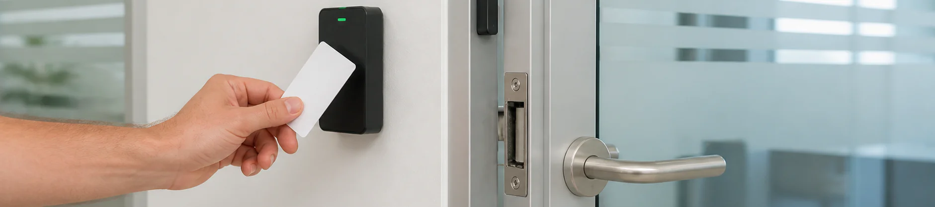 Access card, reader, electric strike, door contact, and commercial entry hardware