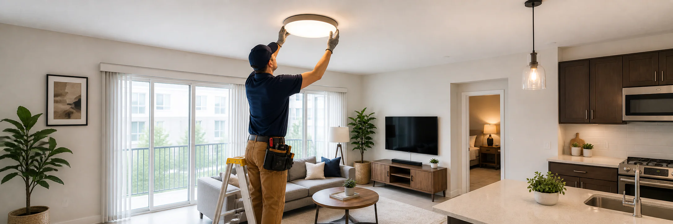 Handyman installing a modern ceiling light fixture in a community-living apartment