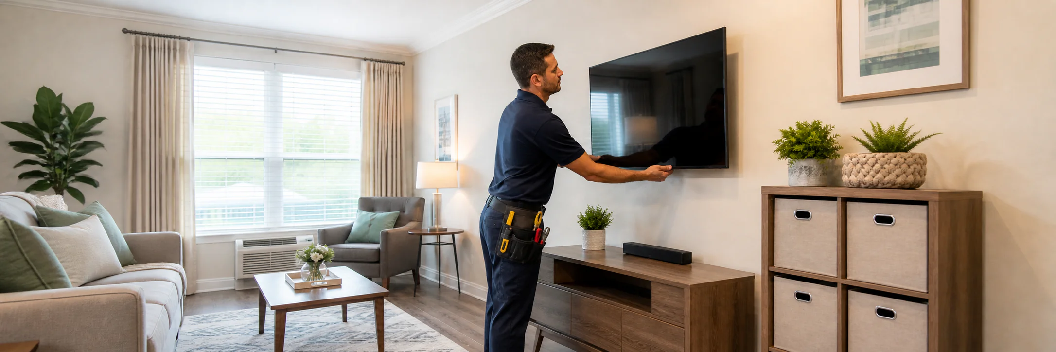 Handyman securely mounting a television in an organized residential living room